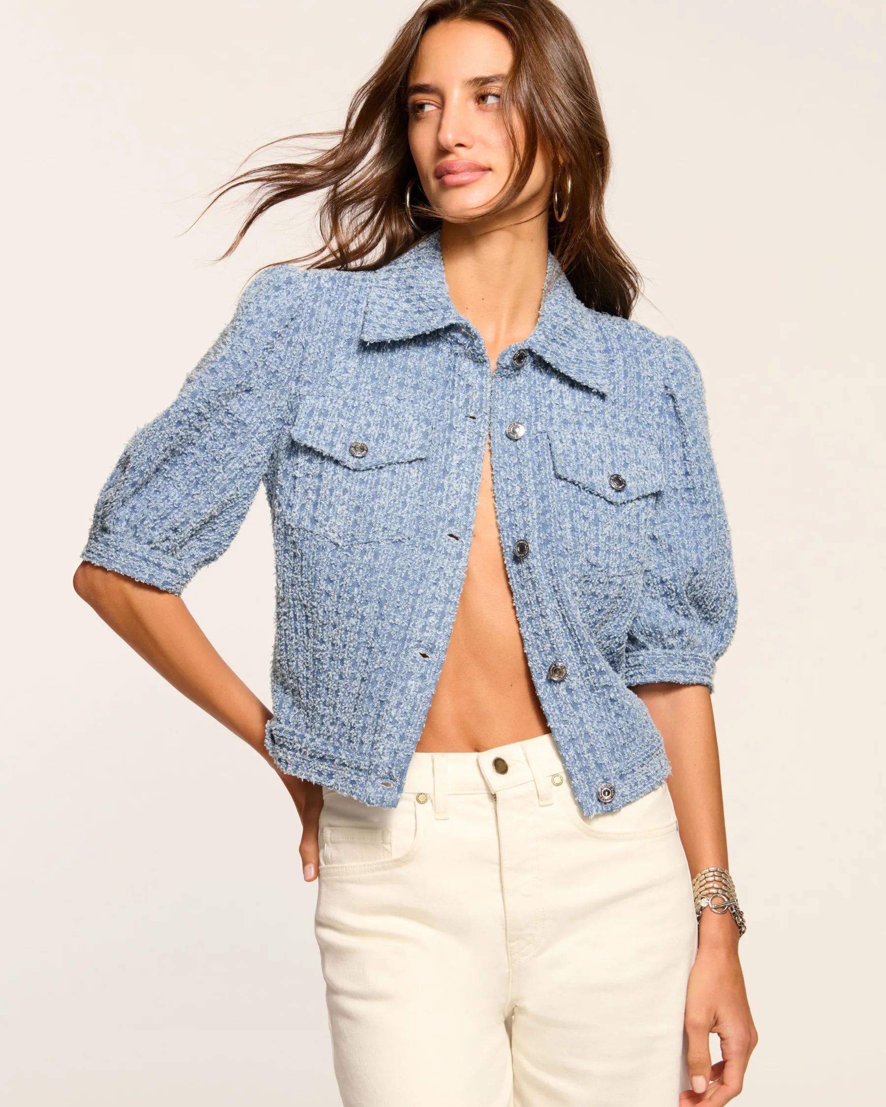 Ramy Brook Ardith Textured Denim Short Sleeve Jacket Texturedwash Outlet