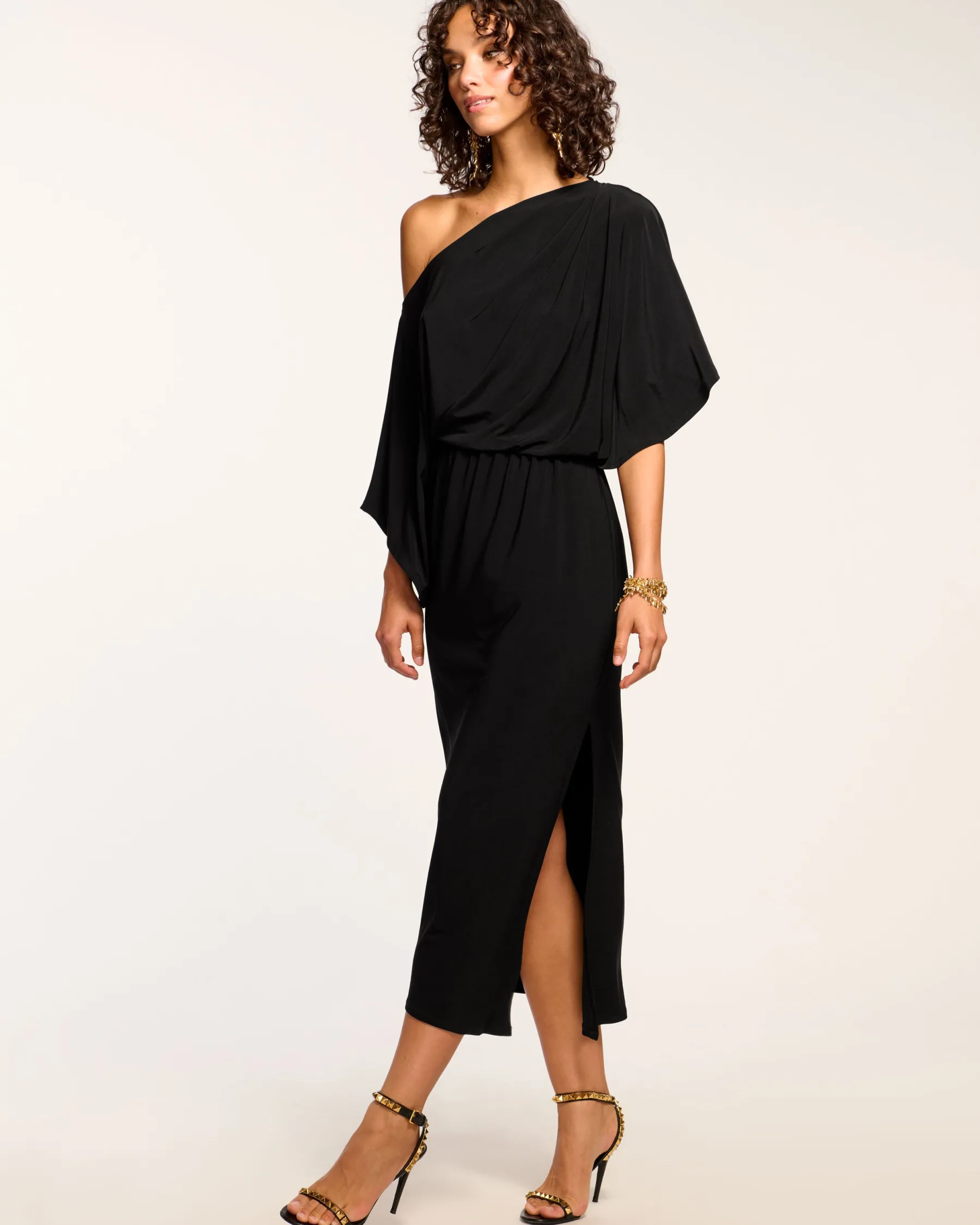 Ramy Brook Carlina Off-The-Shoulder Jersey Midi Dress Black Clearance