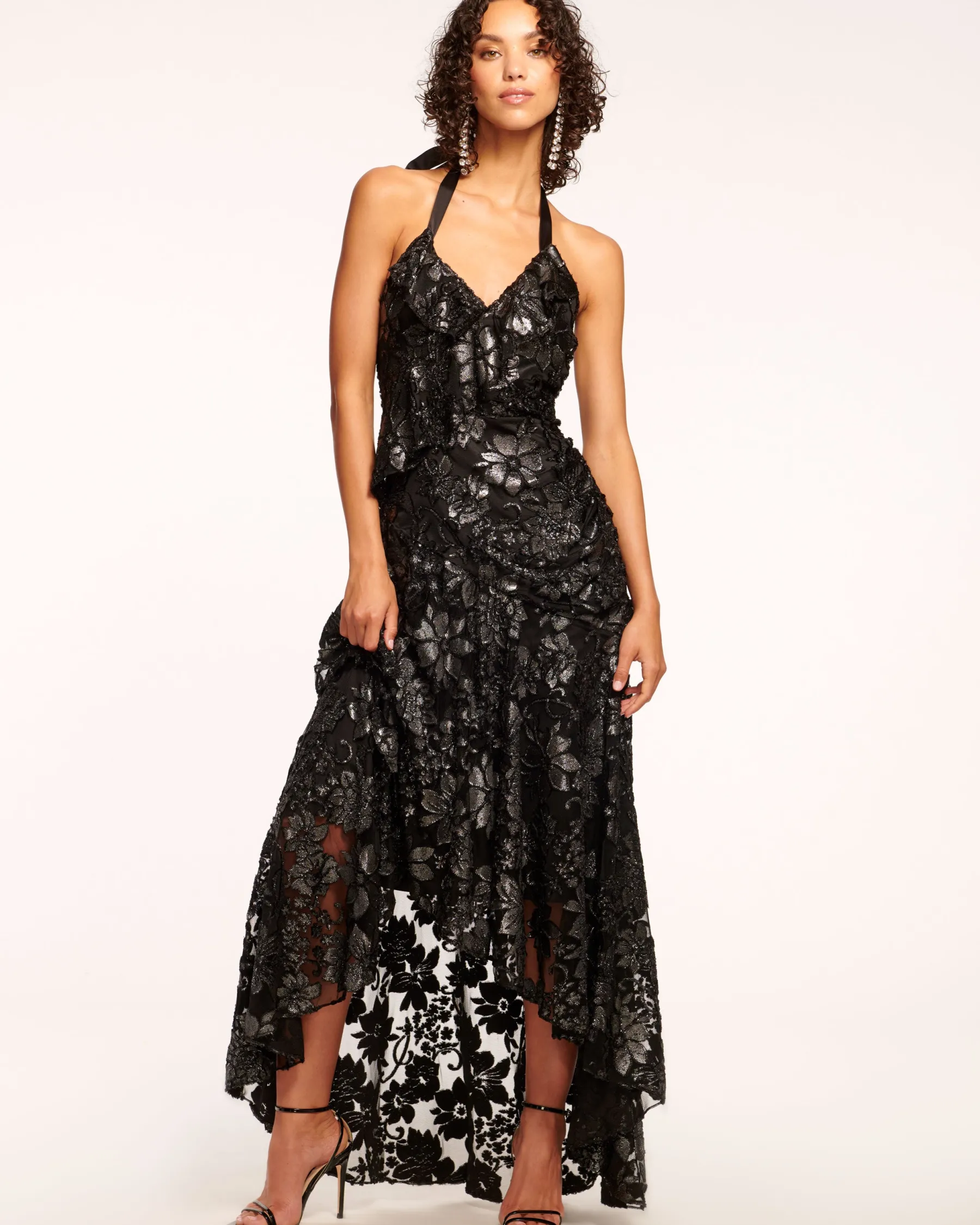 Ramy Brook Chaplin Lace Halter Gown Gunmetalfloral Shop