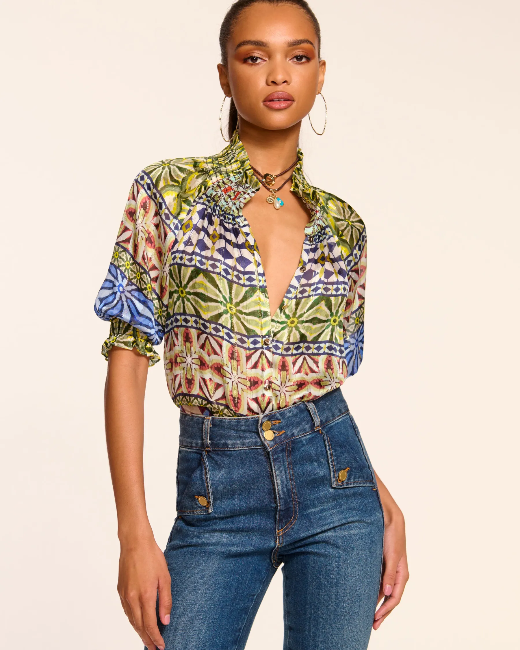 Ramy Brook Chela Silk V-Neck Puff Sleeve Blouse Bluemulti Sale