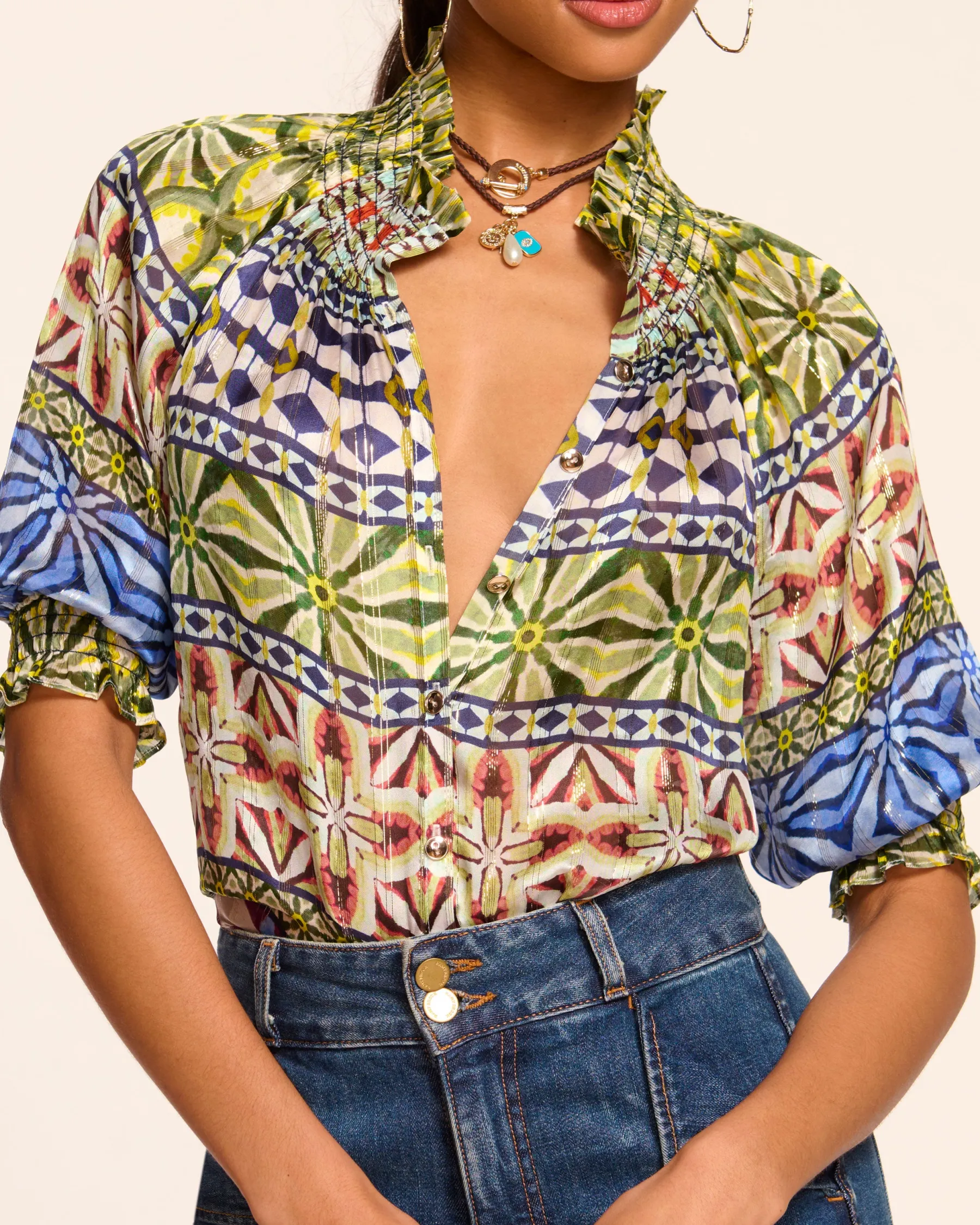 Ramy Brook Chela Silk V-Neck Puff Sleeve Blouse Bluemulti Sale