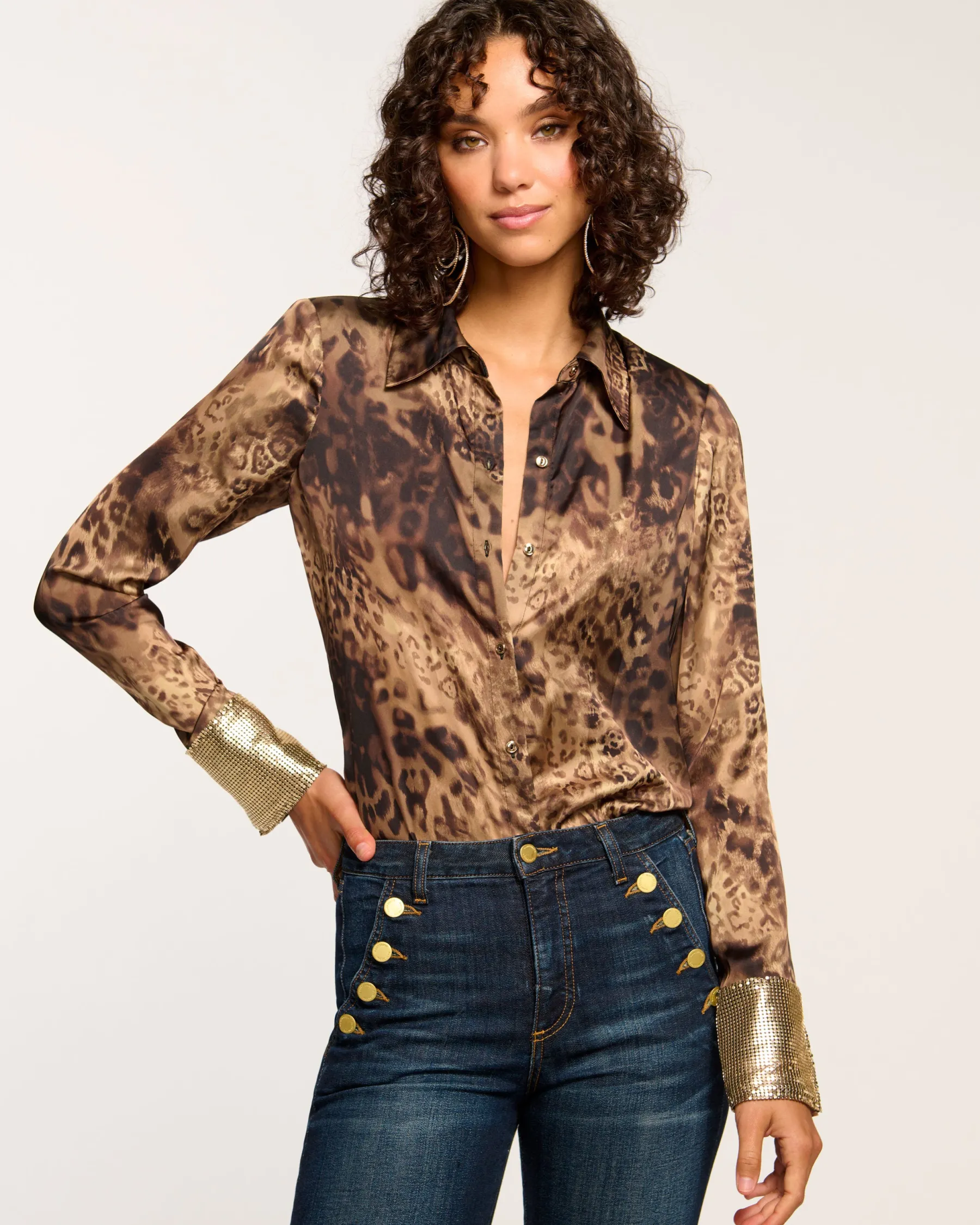 Ramy Brook Chrystal Embellished Button Down Top Leopardchainmail Clearance