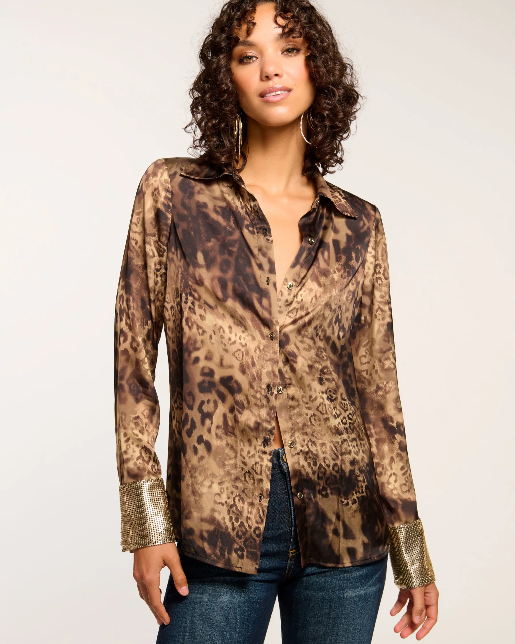 Ramy Brook Chrystal Embellished Button Down Top Leopardchainmail Clearance