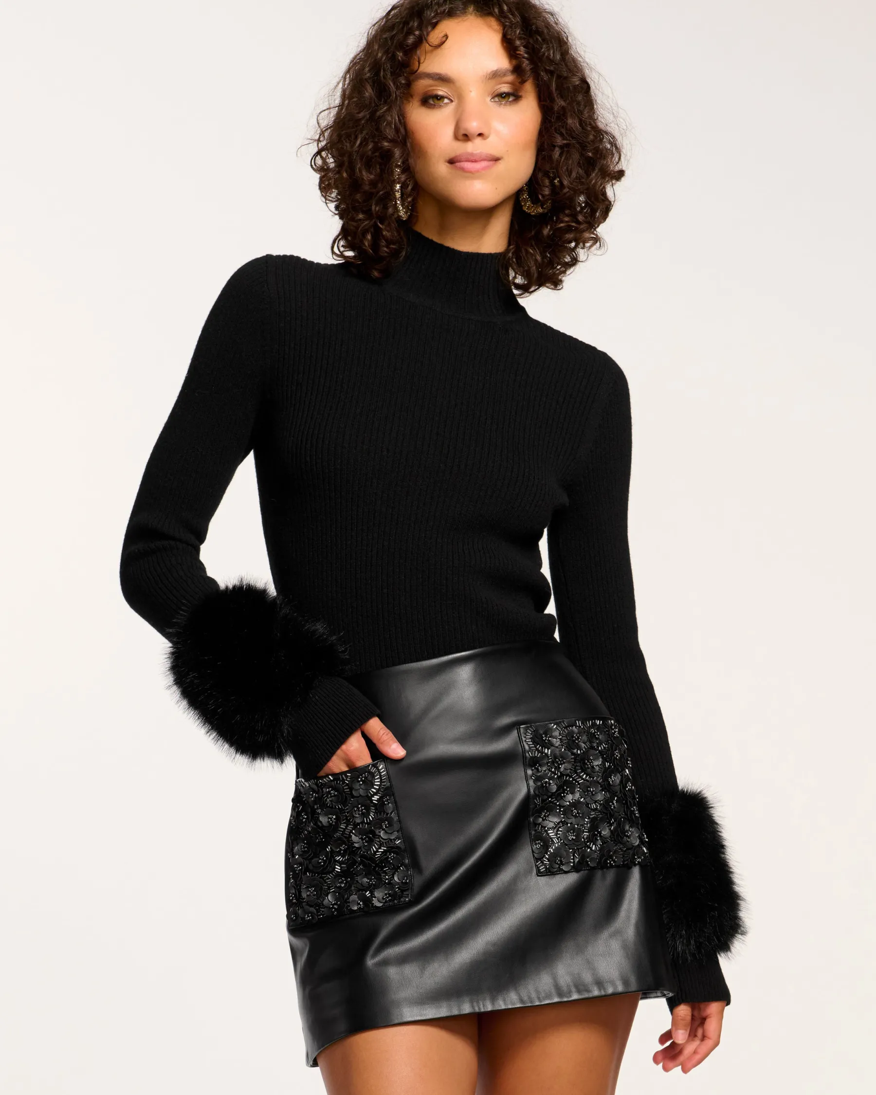 Ramy Brook Emilian Embellished Faux Leather Mini Skirt Blackfloret Clearance