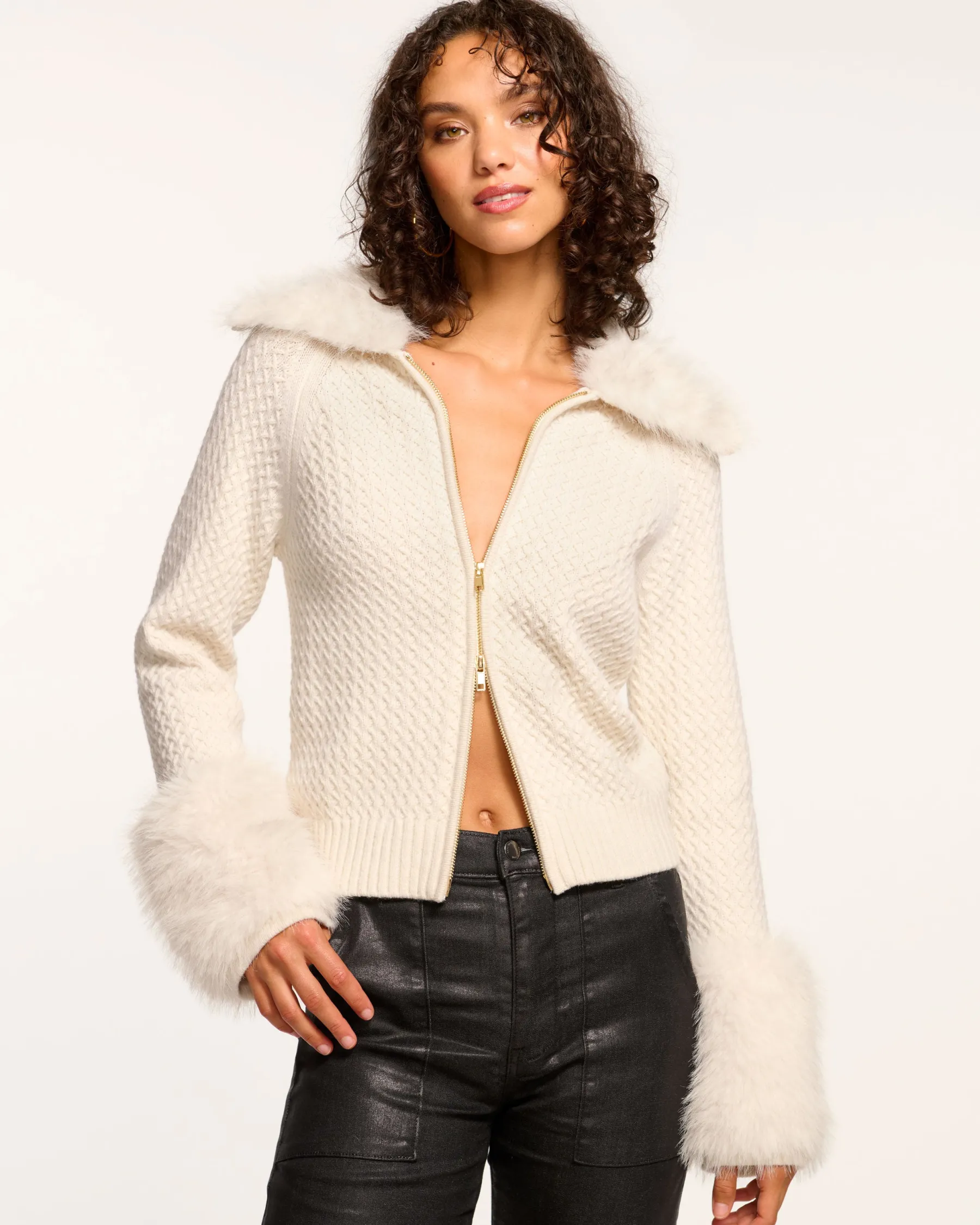 Ramy Brook Felix Faux Fur Cardigan Sweater Ivory Sale