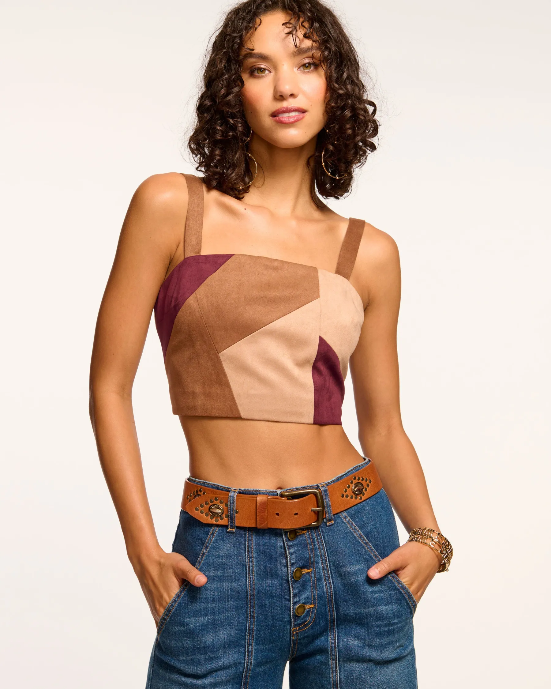 Ramy Brook Finnley Patchwork Faux Suede Crop Top Pinotpatchwork Flash Sale