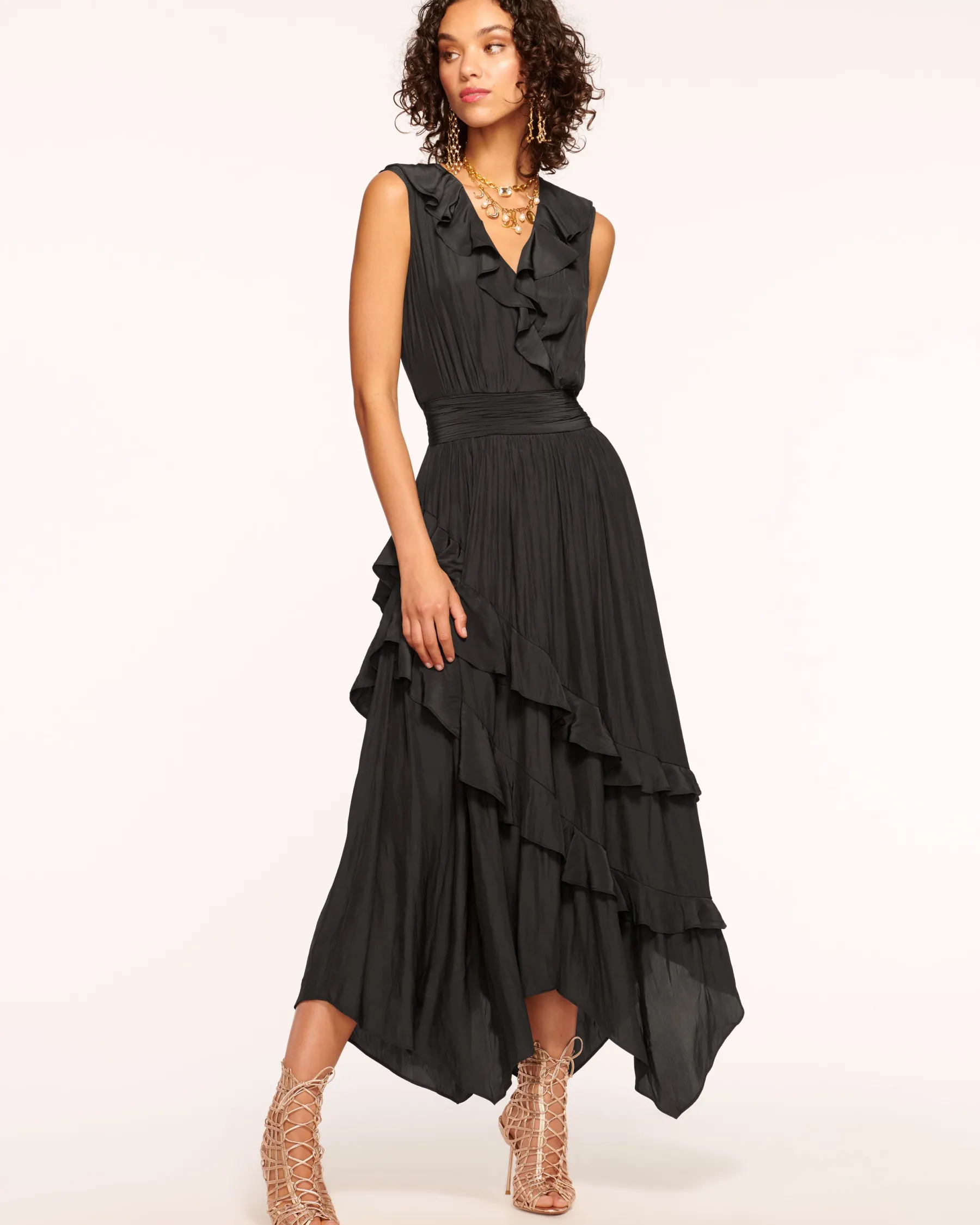 Ramy Brook Hadlee Ruffled Midi Dress Black Cheap