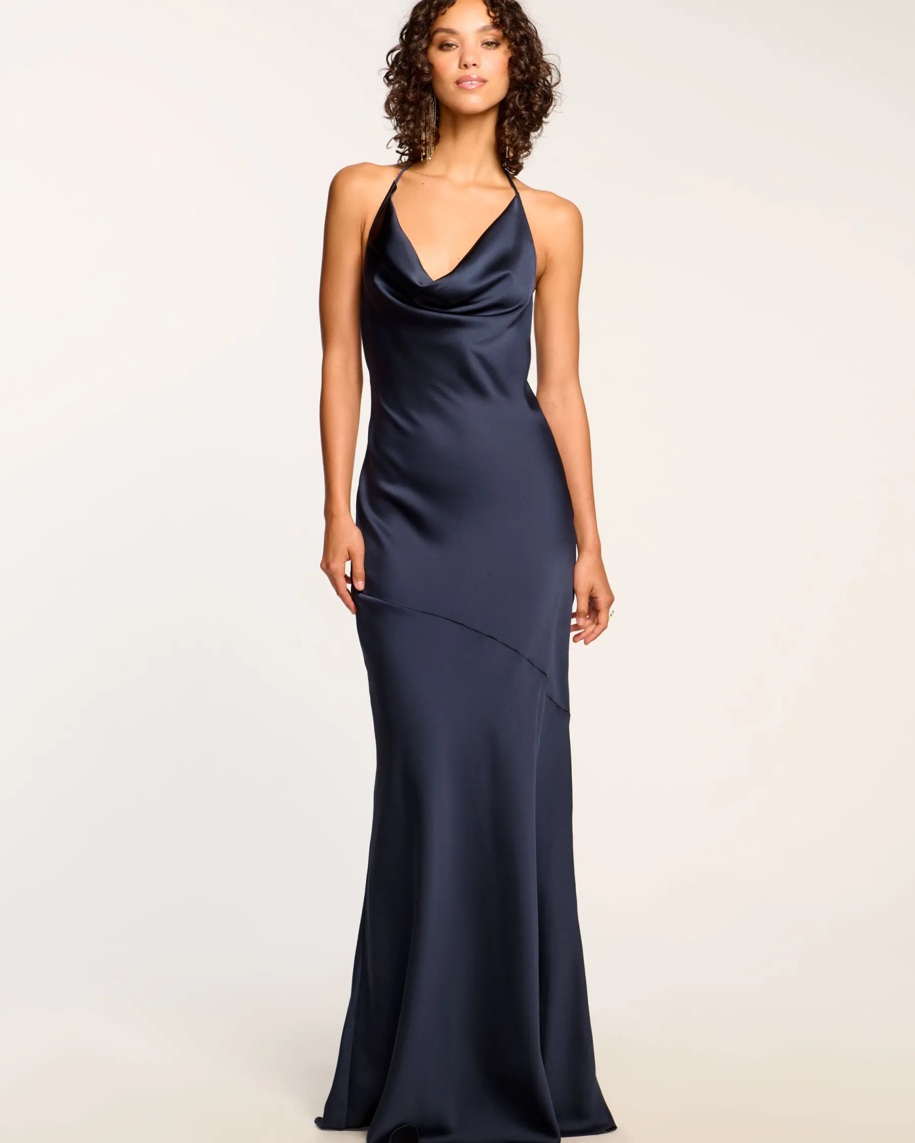 Ramy Brook Haleigh Cowl Neck Halter Gown Navy Clearance