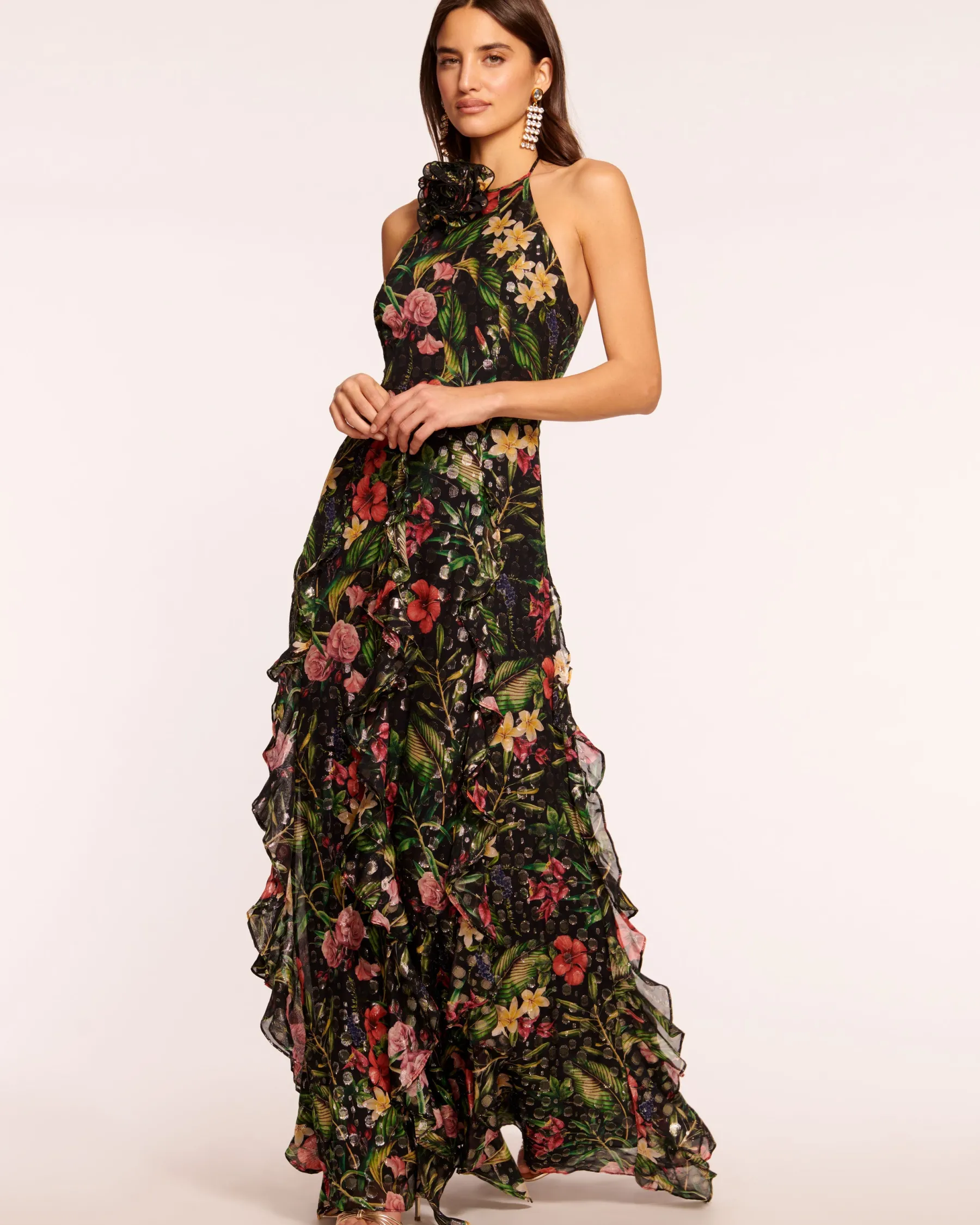 Ramy Brook Idella Ruffle Halter Gown Midnightfloral Flash Sale