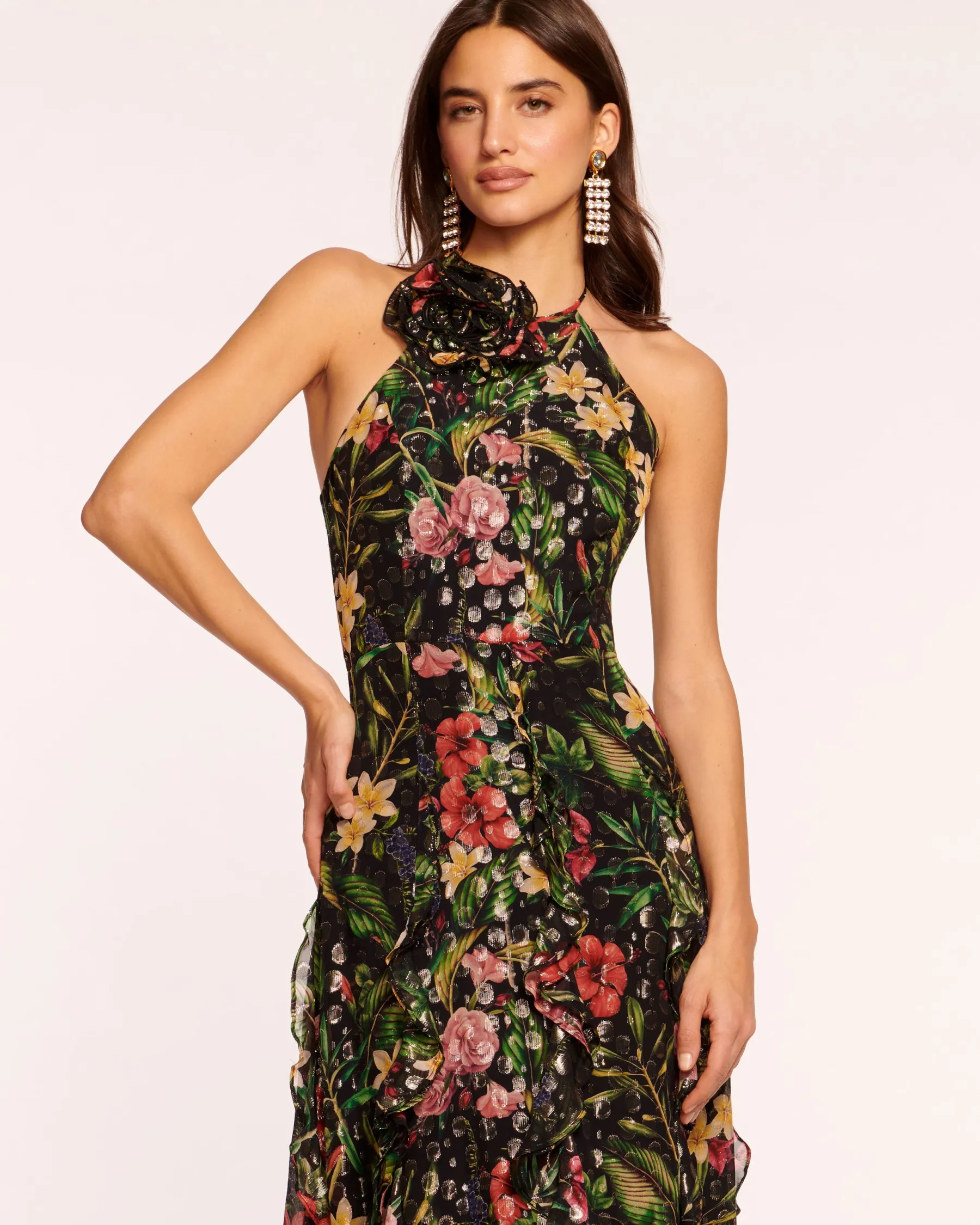 Ramy Brook Idella Ruffle Halter Gown Midnightfloral Flash Sale