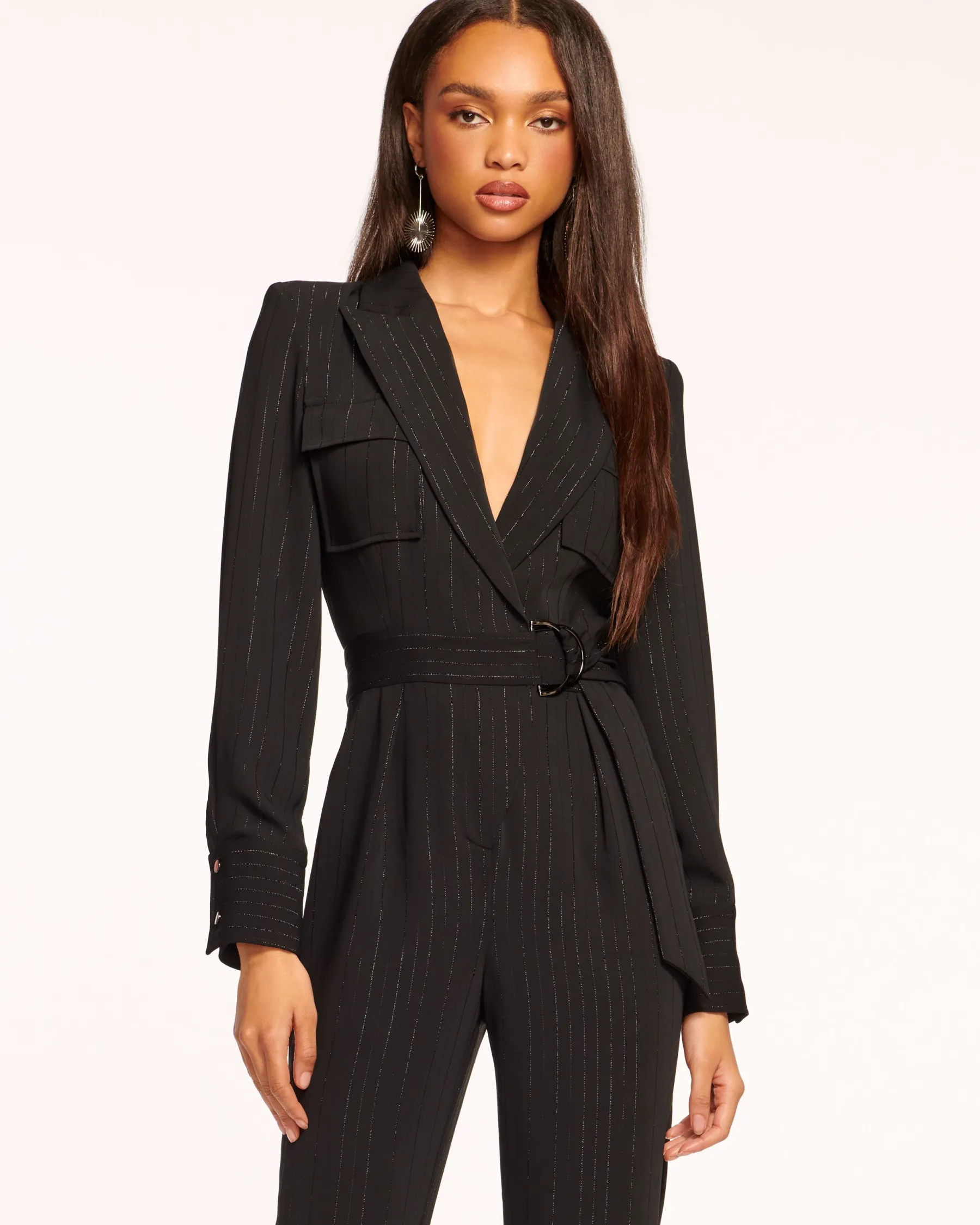 Ramy Brook James Long Sleeve V-Neck Jumpsuit Blackstripe Clearance