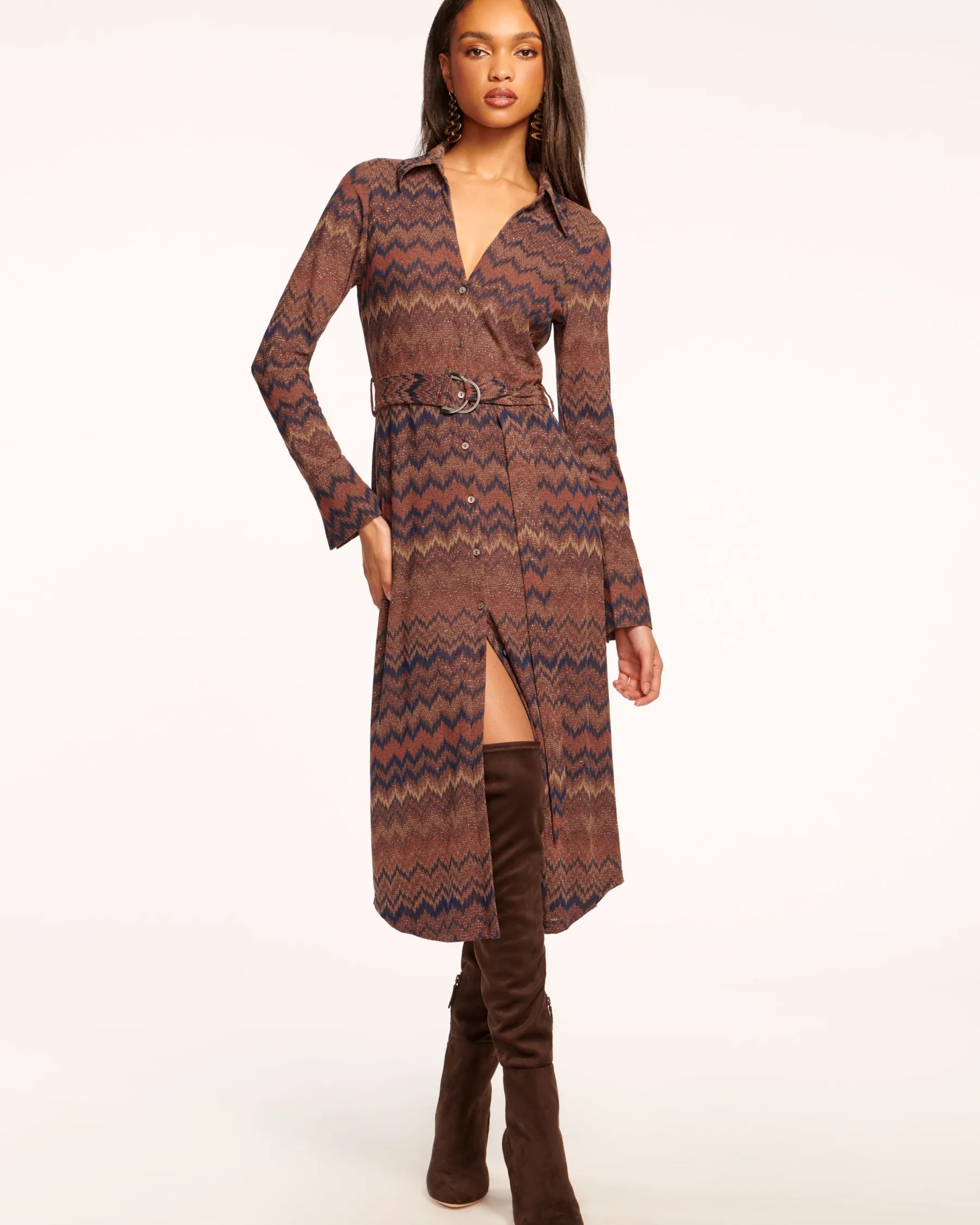 Ramy Brook Lydia Long Sleeve Belted Midi Dress Saddlechevron Hot