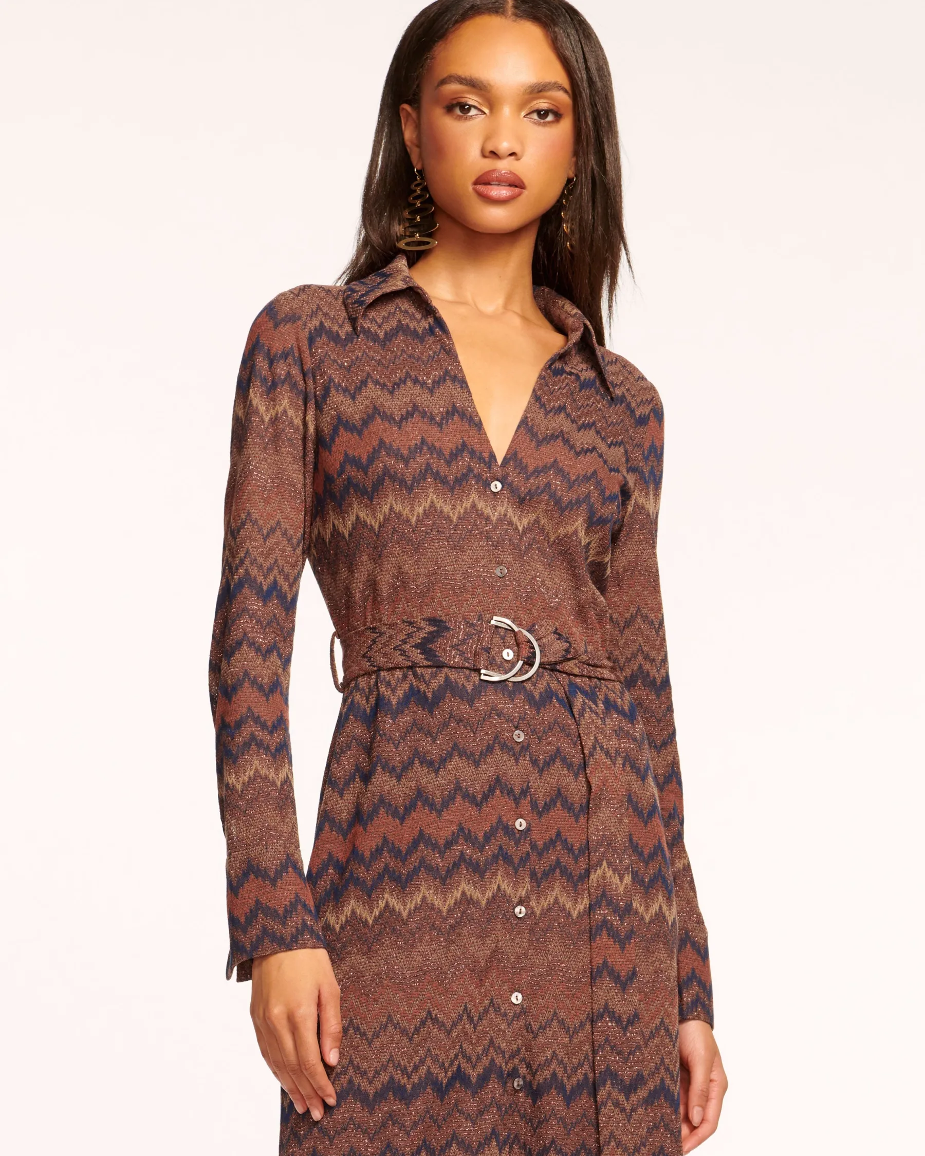 Ramy Brook Lydia Long Sleeve Belted Midi Dress Saddlechevron Hot