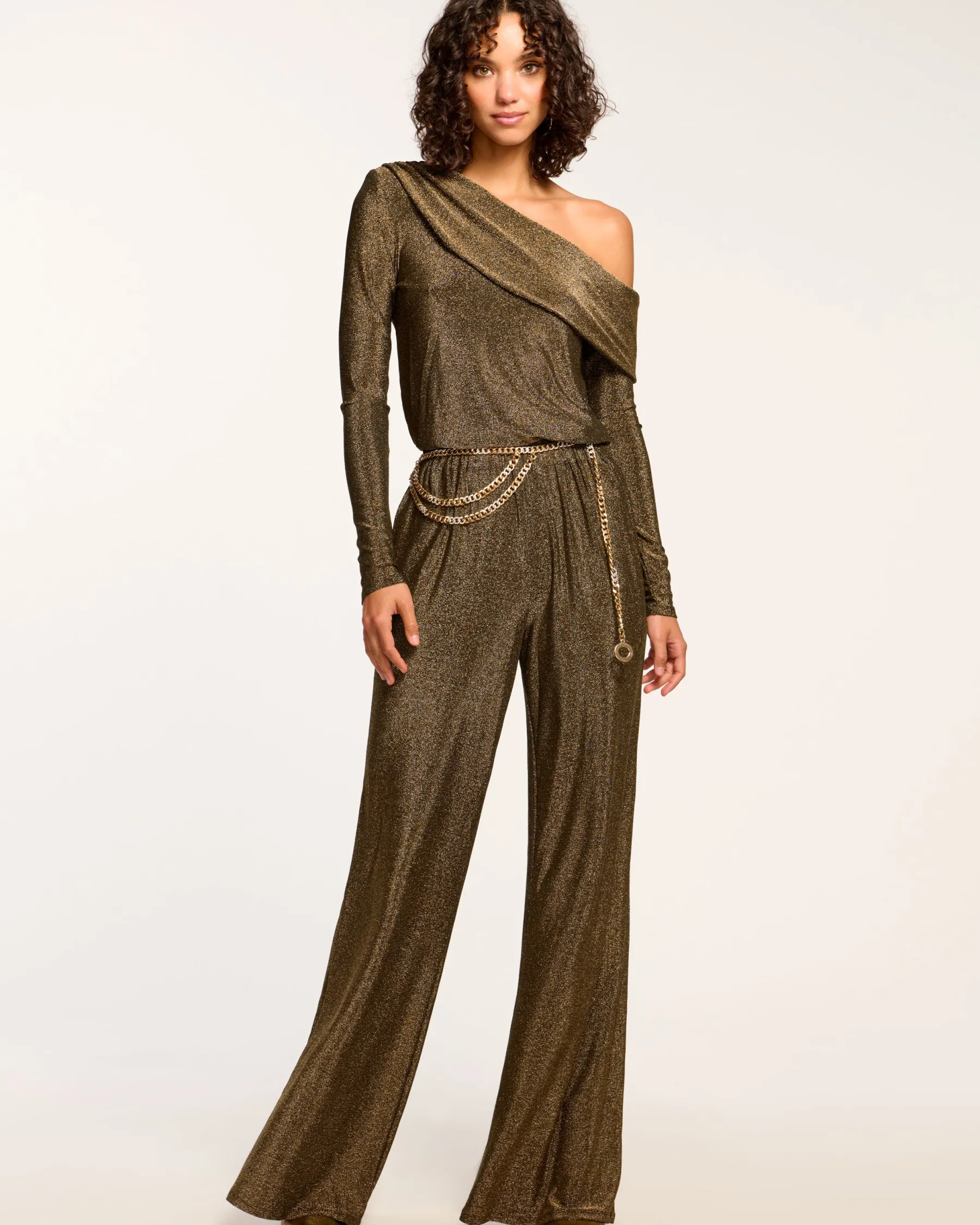 Ramy Brook Manny Off-The-Shoulder Sparkle Jumpsuit Goldknit Online