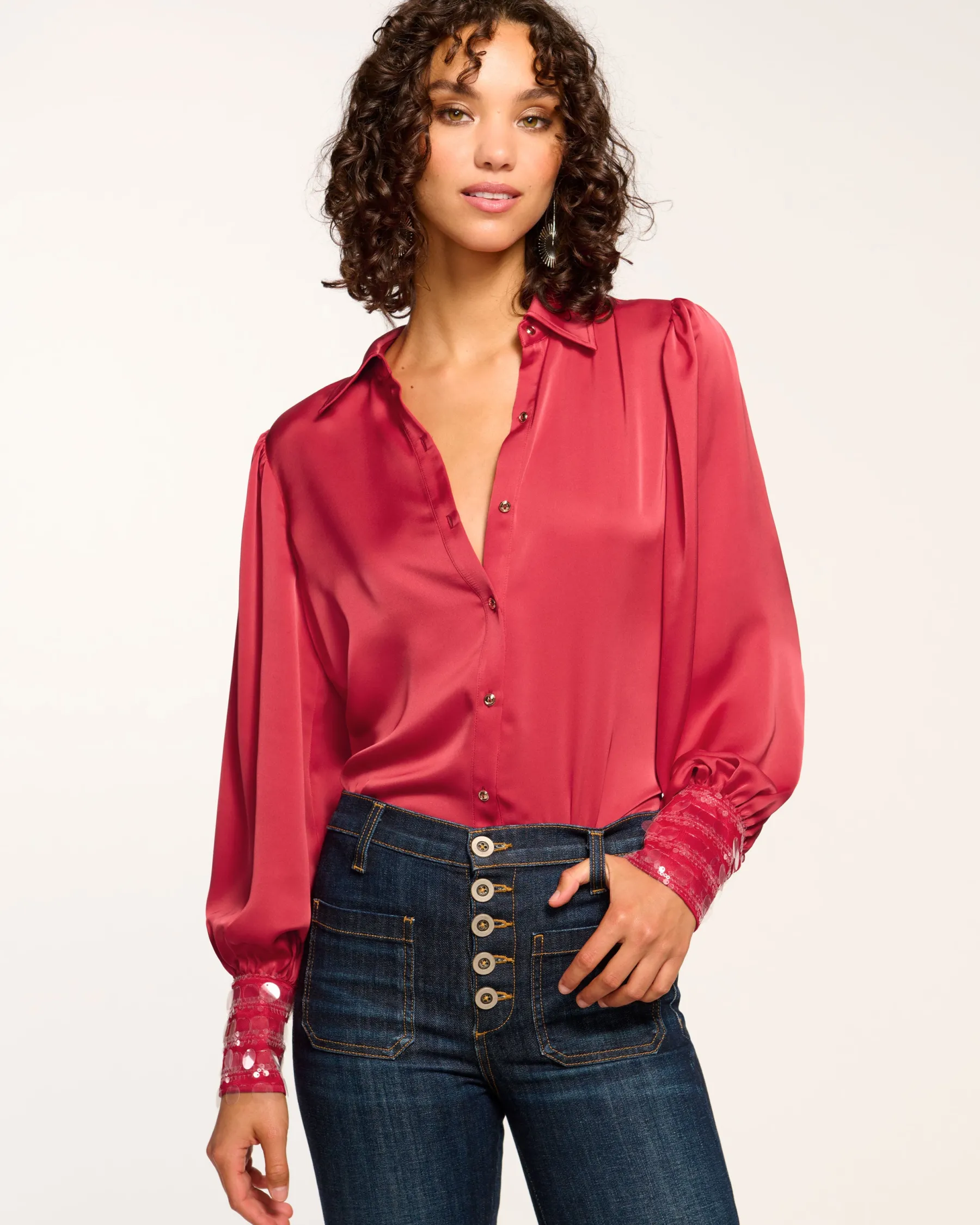 Ramy Brook Milca Embellished Button Down Top Ruby Best