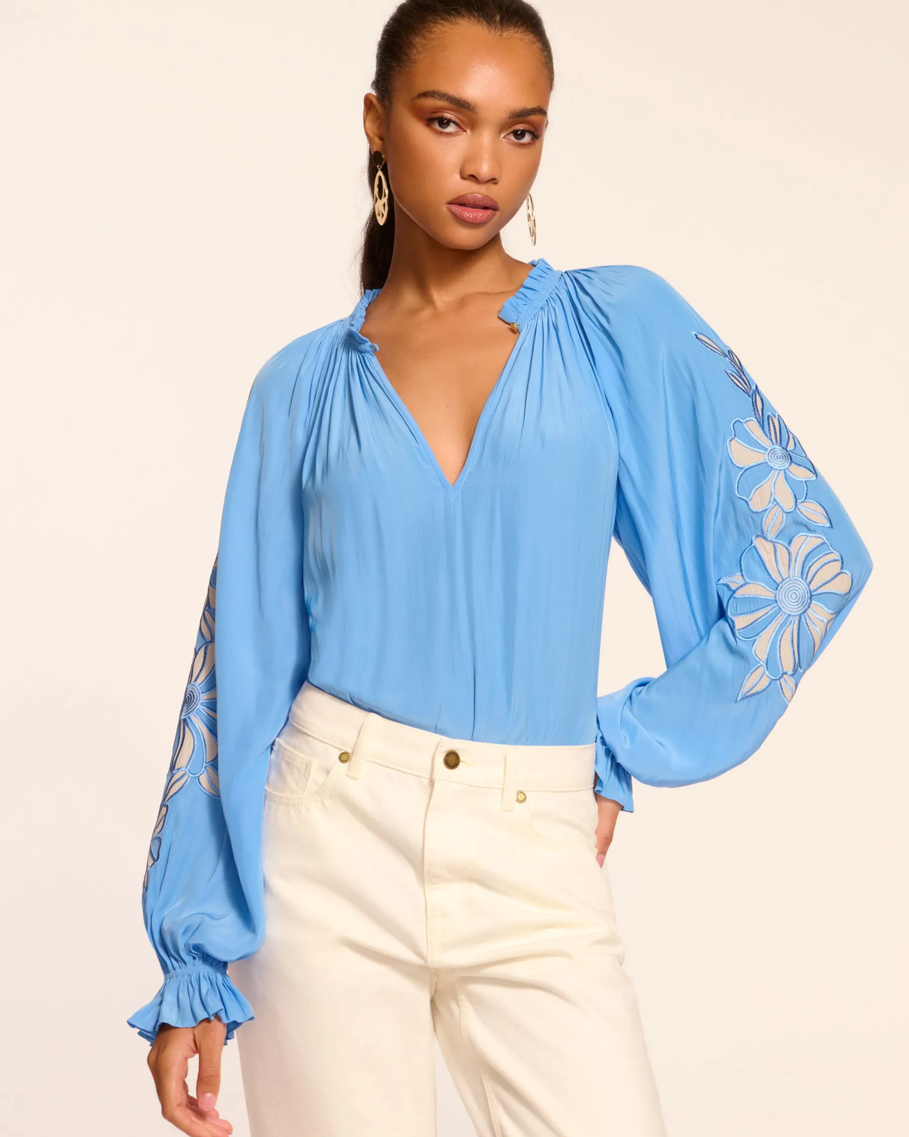 Ramy Brook Nelida Embellished Long Sleeve Blouse Ribbonblue Outlet