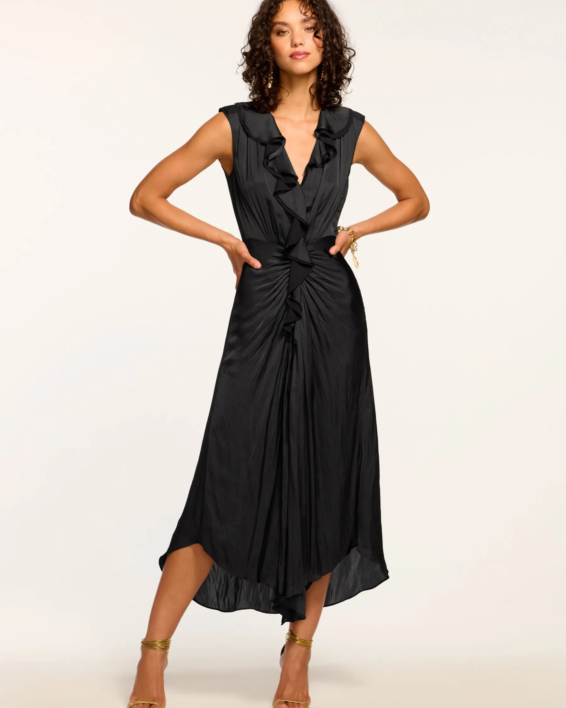 Ramy Brook Olive Ruffle V-Neck Midi Dress Fashion