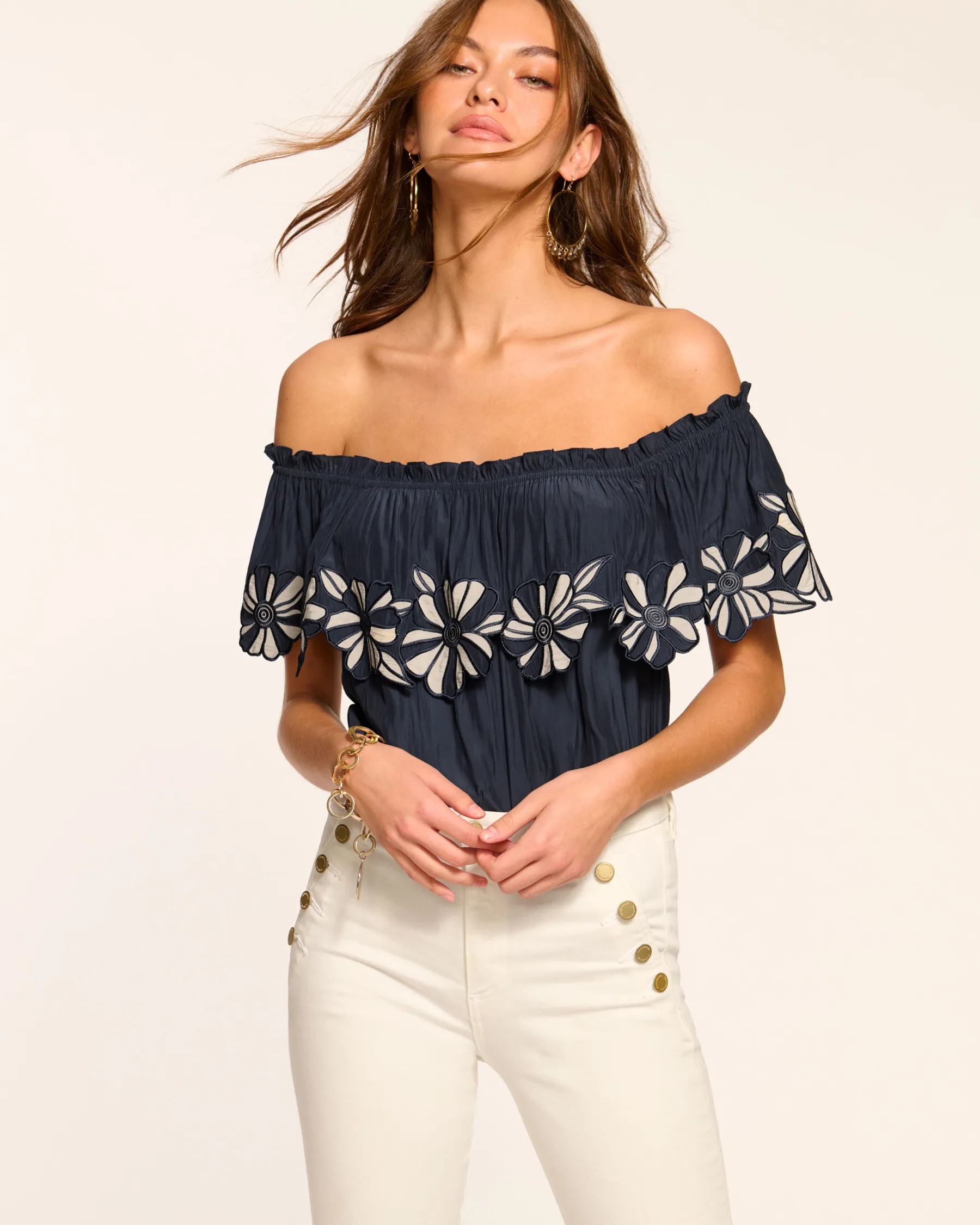 Ramy Brook Terri Embellished Off-The-Shoulder Top Navy Discount