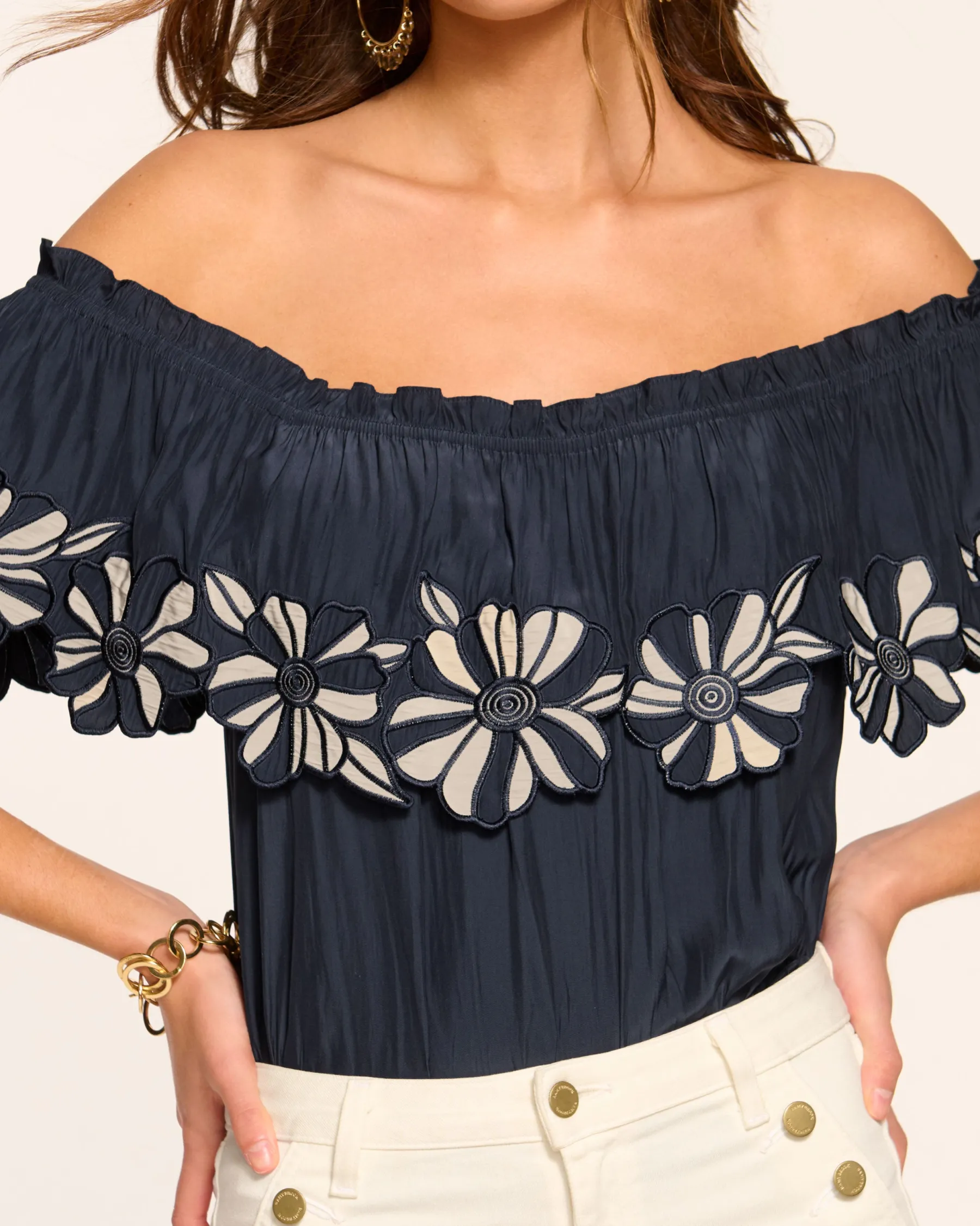 Ramy Brook Terri Embellished Off-The-Shoulder Top Navy Discount